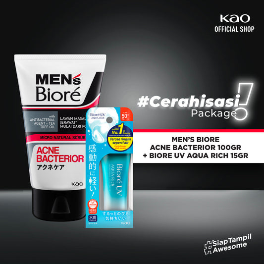 [Double Protection Kit] Men's Biore Double Scrub Sabun Muka Pria Acne Bacterior 100 gr+ UV Aqua Rich Sunscreen Watery Essence 15 gr