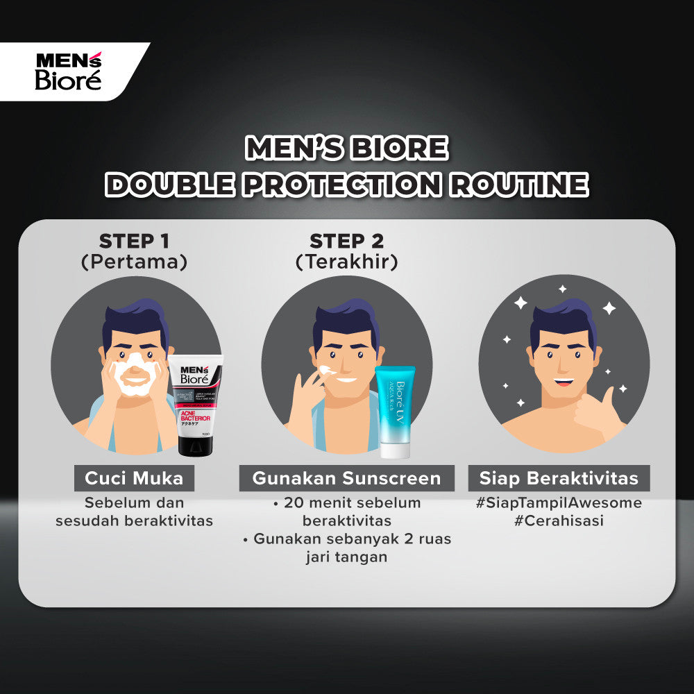 [Double Protection Kit] Men's Biore Double Scrub Sabun Muka Pria Acne Bacterior 100 gr+ UV Aqua Rich Sunscreen Watery Essence 15 gr