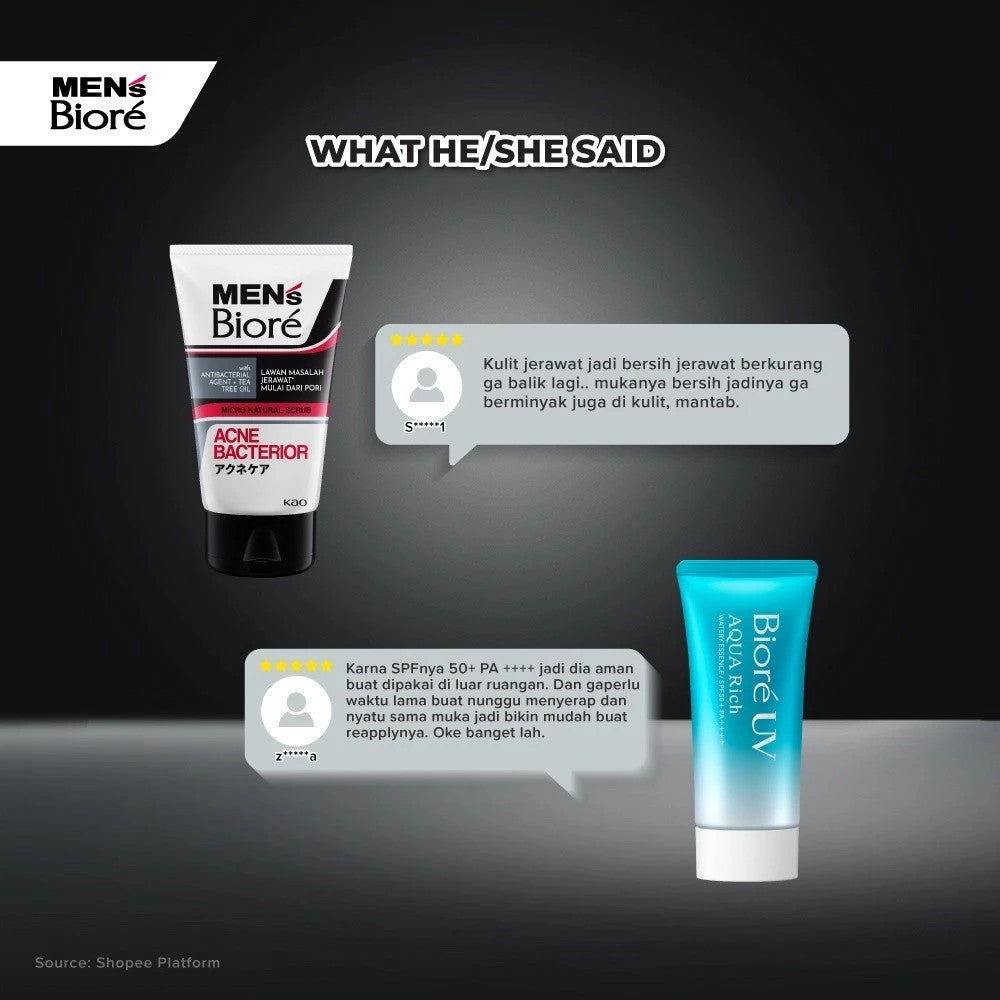 [Double Protection Kit] Men's Biore Micro Scrub Sabun Muka Pria Bright Expert 100 gr + UV Aqua Rich Sunscreen Watery Essence 15 gr