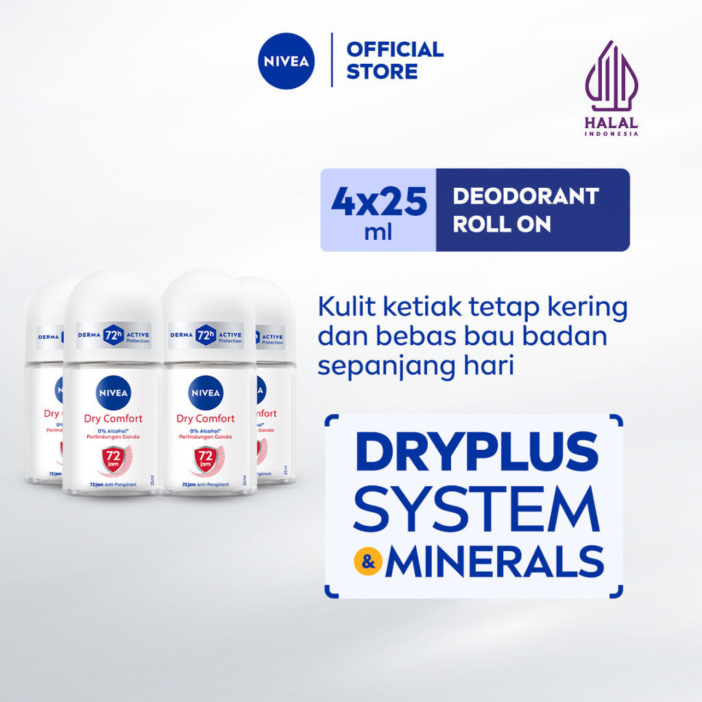 (PAKET HEMAT ISI 4) NIVEA Deodorant Roll On Dry Comfort 25ml - Deodoran wanita kering mengontrol minyak anti bau keringat dan bakteri aroma lembut segar tahan lama seharian - Antiperspiran, tidak mengandung ethyl alkohol cocok untuk semua jenis kulit