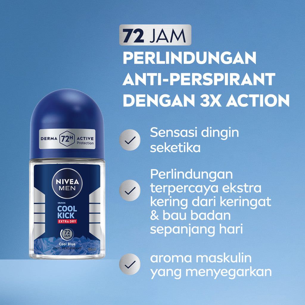 (PAKET HEMAT ISI 4) NIVEA MEN Deodorant Roll On Cool Kick 25ml - Deodoran pria perlindungan ekstra kering dari keringat bau badan dan sensasi dingin dan wangi sporty seharian - Antiperspiran, tidak mengandung ethyl alkohol cocok semua jenis kulit