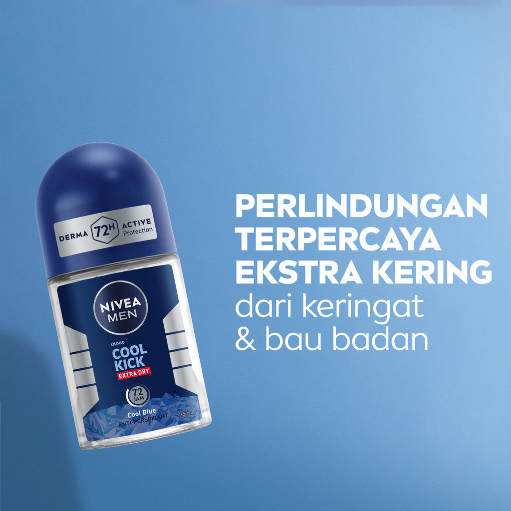 (PAKET HEMAT ISI 4) NIVEA MEN Deodorant Roll On Cool Kick 25ml - Deodoran pria perlindungan ekstra kering dari keringat bau badan dan sensasi dingin dan wangi sporty seharian - Antiperspiran, tidak mengandung ethyl alkohol cocok semua jenis kulit