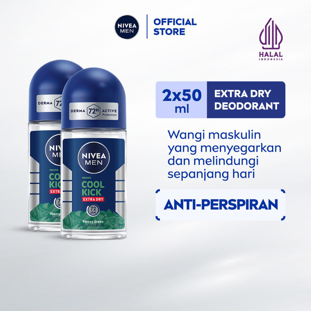 (PAKET HEMAT ISI 2) NIVEA MEN Deodorant Roll On Cool Kick Freezy Green 50ml - Deodoran pria perlindungan ekstra kering dari keringat bau badan sensasi dingin menthol wangi maskulin - Antiperspiran, tidak mengandung ethyl alkohol cocok semua jenis kulit
