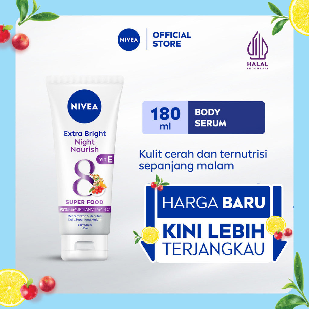 NIVEA Body Serum Extra Bright Night Nourish Vit E 180ml - Hand body serum lotion moisturizer mencerahkan kulit kusam cerah badan glowing brightening tone up melembabkan kering pagi malam day & night - 95% Vitamin C, Grapeseed oil, 8 Super food