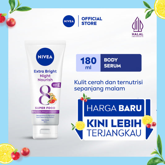 NIVEA Body Serum Extra Bright Night Nourish Vit E 180ml - Hand body serum lotion moisturizer mencerahkan kulit kusam cerah badan glowing brightening tone up melembabkan kering pagi malam day & night - 95% Vitamin C, Grapeseed oil, 8 Super food