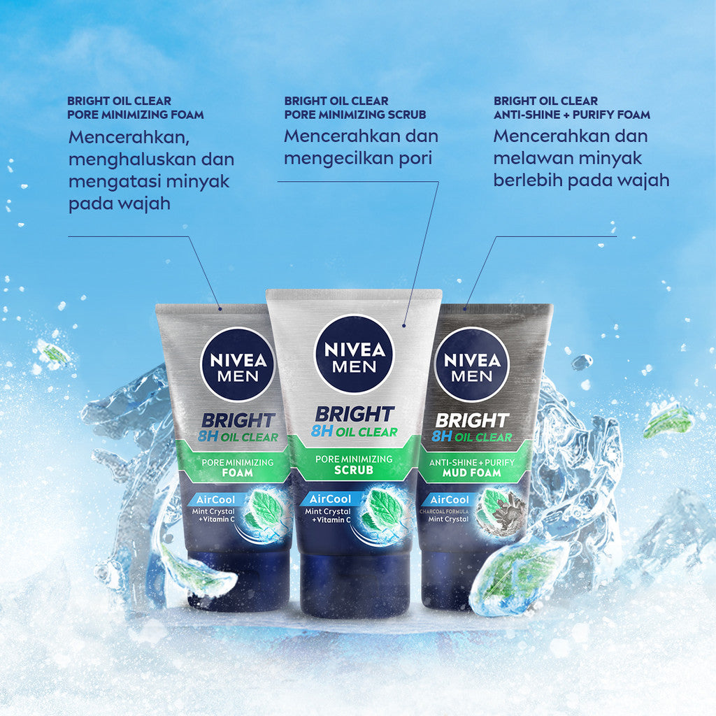(PAKET HEMAT ISI 3) NIVEA MEN Facial Foam Bright Oil Clear Pore Minimizing Foam 100ml - Sabun cuci muka pria mencerahkan minyak berlebih berminyak kulit kusam pembersih wajah cerah mengecilkan pori komedo polusi debu kotoran - Vitamin C, Mint Crystal