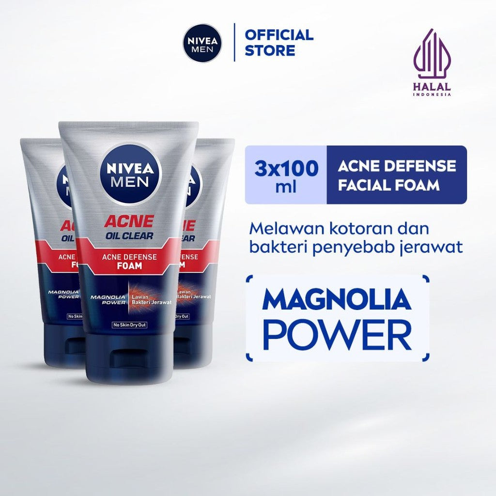 (PAKET HEMAT ISI 3) NIVEA MEN Facial Foam Oil Clear Acne Defense 100ml - Sabun cuci muka pria bebas jerawat anti bakteri pembersih wajah kulit berminyak face wash oily acne prone skin membersihkan komedo mengecilkan pori - Magnolia Power, L-Carnitine