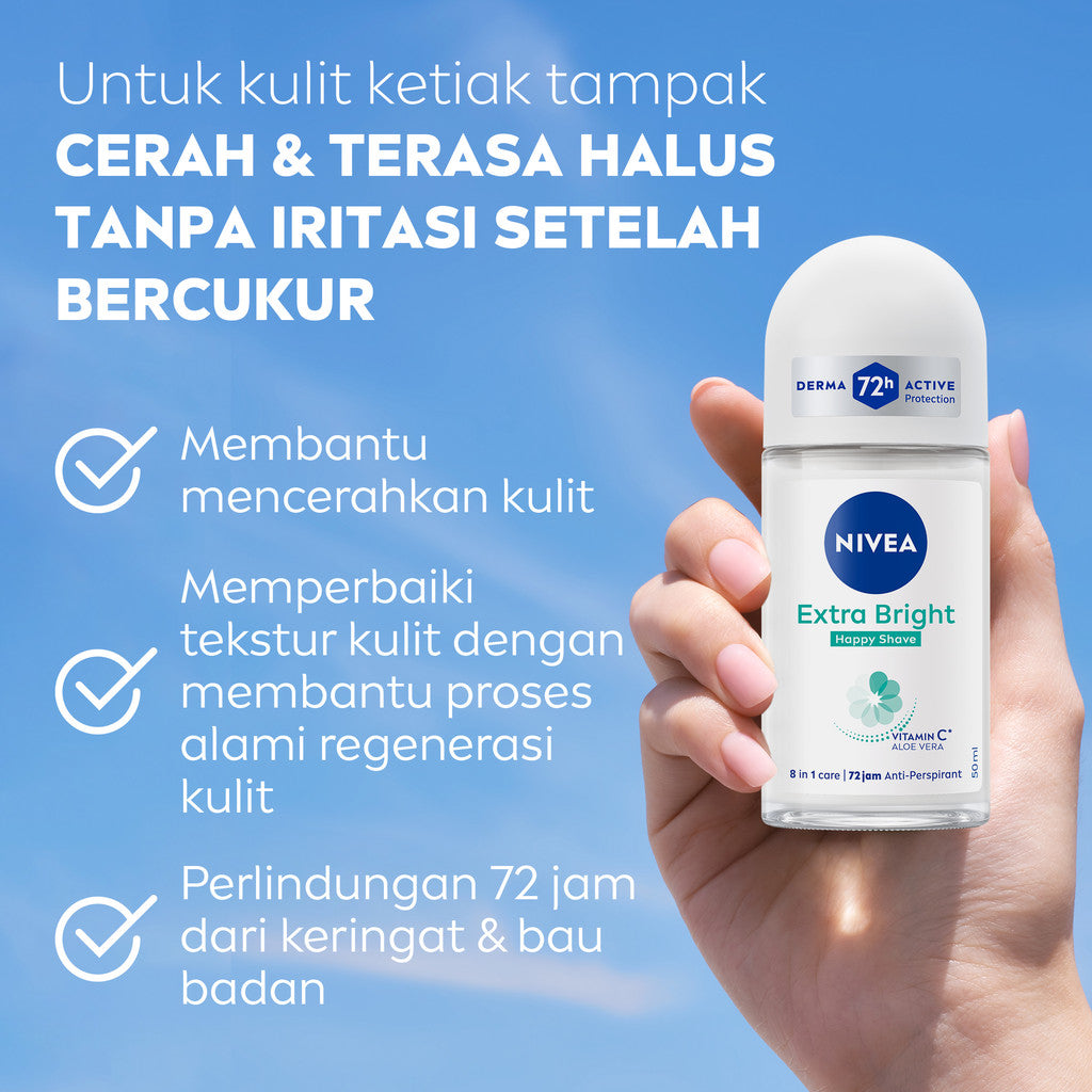 NIVEA Deodorant Roll On Brightening Happy Shave 50ml - Deodoran wanita mencerahkan mencerahkan brightening ketiak halus mulus mengurangi iritasi setelah bercukur - Vitamin C, Pro-vitamin B5, Aloe vera, 0% alkohol cocok semua jenis kulit