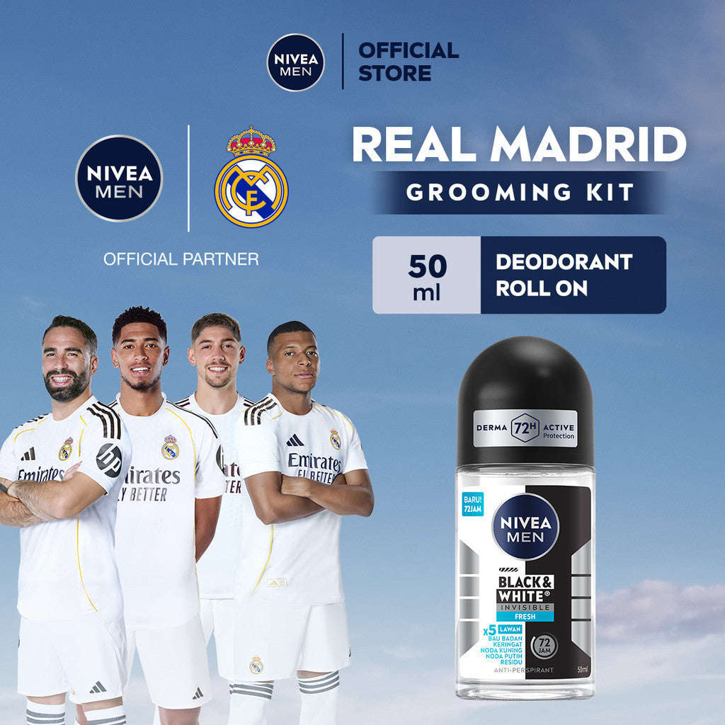NIVEA MEN Deodorant Roll On Black & White Invisible Fresh 50ml - Deodoran pria melawan bakteri keringat bau badan dengan teknologi anti noda kuning putih dan residu wangi maskulin segar seharian - Antiperspiran, tidak mengandung ethyl alkohol