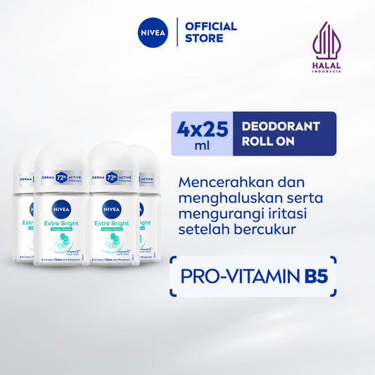 (PAKET HEMAT ISI 4) NIVEA Deodorant Roll On Brightening Happy Shave 25ml - Deodoran wanita mencerahkan mencerahkan brightening ketiak halus mulus mengurangi iritasi setelah bercukur - Vitamin C, Pro-vitamin B5, Aloe vera, 0% alkohol cocok semua kulit