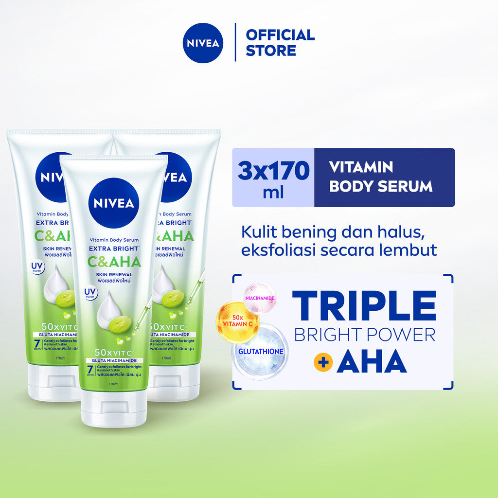(PAKET HEMAT ISI 3) NIVEA Body Serum Extra Bright C&AHA UV Filter 170ml - Hand body serum lotion eksfoliasi halus gentle exfoliating mencerahkan kulit bening brightening melembabkan kering harian tidak lengket - Vitamin C, Niacinamide, Glutathione, AHA