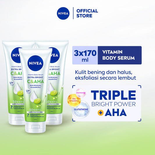(PAKET HEMAT ISI 3) NIVEA Body Serum Extra Bright C&AHA UV Filter 170ml - Hand body serum lotion eksfoliasi halus gentle exfoliating mencerahkan kulit bening brightening melembabkan kering harian tidak lengket - Vitamin C, Niacinamide, Glutathione, AHA