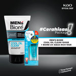 [Double Protection Kit] Men's Biore Double Scrub Sabun Muka Pria Cool Oil Clear 100 gr + UV Aqua Rich Sunscreen Watery Essence 15 gr