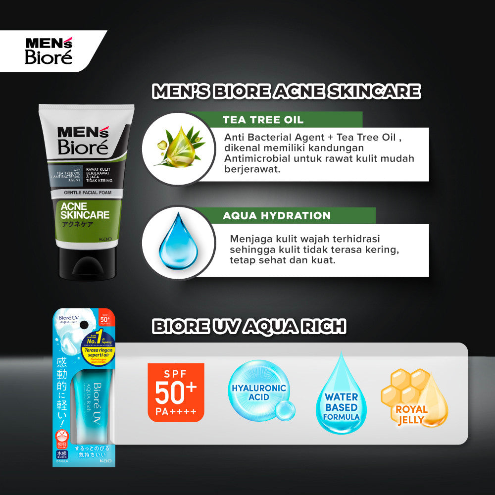 [Double Protection Kit] Men's Biore Non Scrub Sabun Muka Pria Acne Skincare 100 gr + UV Aqua Rich Sunscreen Watery Essence 15 gr