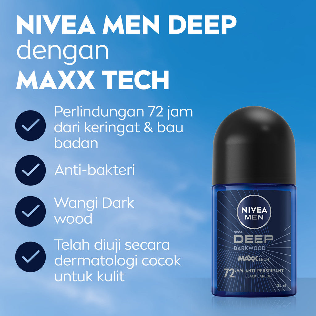 (PAKET HEMAT ISI 4) NIVEA MEN Deodorant Roll On Deep Darkwood 25ml - Deodoran pria melawan bakteri keringat bau badan dengan wangi parfum premium maskulin blackwood menjaga ketiak kering tahan lama seharian - Antiperspiran, Black charcoal