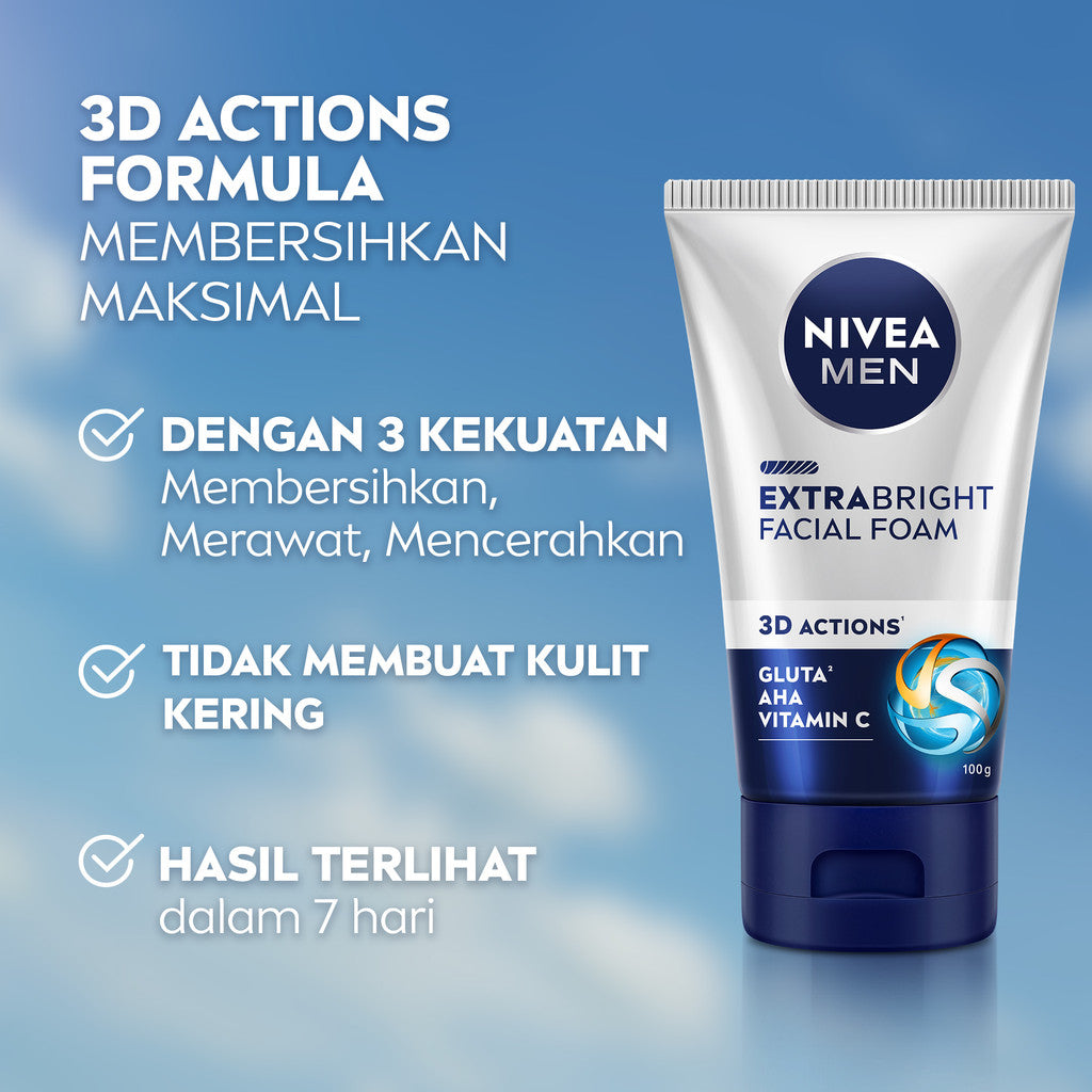 (PAKET HEMAT ISI 3) NIVEA MEN Facial Foam Extra Bright Facial Foam 100ml - Sabun cuci muka pria mencerahkan bintik hitam brightening kulit kusam facial wash wajah cerah membersihkan pori pori terdalam polusi debu kotoran - Glutathione, AHA, Vitamin C