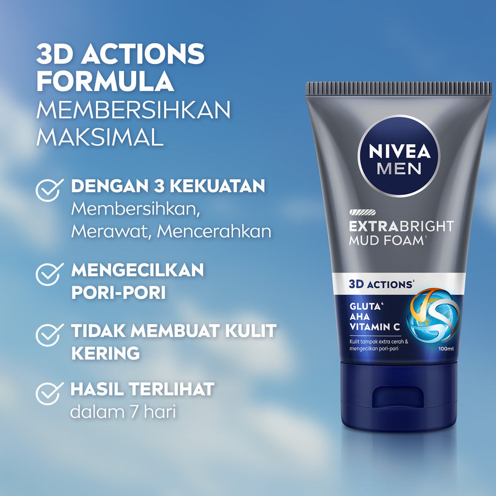 NIVEA MEN Mud Foam Extra Bright Mud Foam 100ml - Sabun cuci muka pria mencerahkan bintik hitam brightening kulit kusam cleanser facial wash pembersih wajah cerah membersihkan pori pori terdalam polusi debu kotoran - Glutathione, AHA, Vitamin C