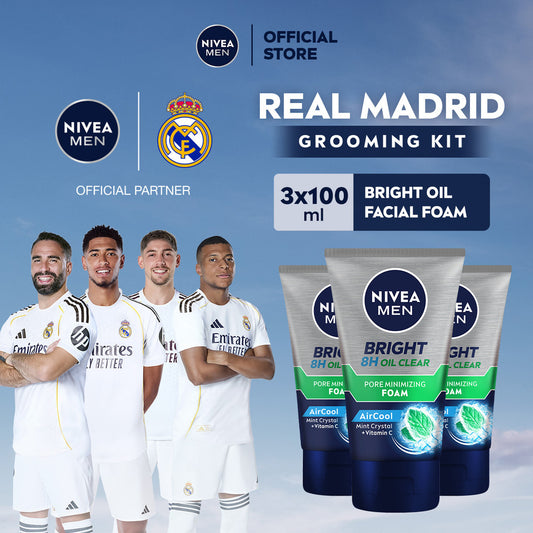 (PAKET HEMAT ISI 3) NIVEA MEN Facial Foam Bright Oil Clear Pore Minimizing Foam 100ml - Sabun cuci muka pria mencerahkan minyak berlebih berminyak kulit kusam pembersih wajah cerah mengecilkan pori komedo polusi debu kotoran - Vitamin C, Mint Crystal