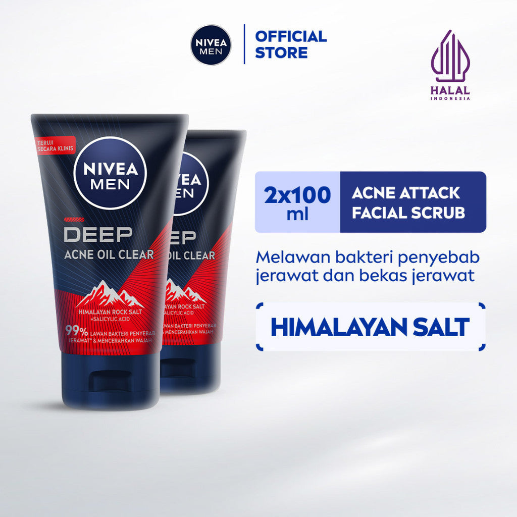 (PAKET HEMAT ISI 2) NIVEA MEN Facial Foam Deep Acne Oil Clear Face Scrub 100ml - Sabun cuci muka pria wajah membersihkan bakteri penyebab jerawat komedo kontrol kulit berminyak mengecilkan pori dan angkat sel kulit mati - Himalayan Salt, Salicylic Acid