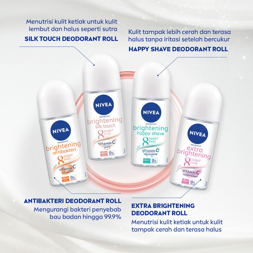 NIVEA Deodorant Roll On Brightening Silk Touch 50ml - Deodoran wanita mencerahkan brightening menutrisi kulit ketiak halus lembut dan cerah dengan wangi segar tahan lama seharian - Vitamin C, Kaolin, 0% alkohol cocok untuk semua jenis kulit
