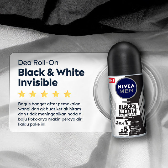NIVEA MEN Deodorant Roll On Black & White Invisible Original 25ml - Deodoran pria melawan bakteri keringat bau badan dengan teknologi anti noda kuning putih dan residu wangi maskulin segar seharian - Antiperspiran, tidak mengandung ethyl alkohol