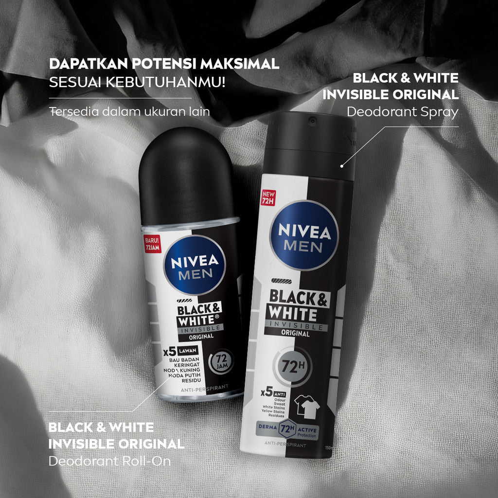 NIVEA MEN Deodorant Roll On Black & White Invisible Original 50ml - Deodoran pria melawan bakteri keringat bau badan dengan teknologi anti noda kuning putih dan residu wangi maskulin segar seharian - Antiperspiran, tidak mengandung ethyl alkohol