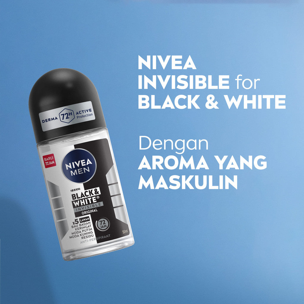 NIVEA MEN Deodorant Roll On Black & White Invisible Original 50ml - Deodoran pria melawan bakteri keringat bau badan dengan teknologi anti noda kuning putih dan residu wangi maskulin segar seharian - Antiperspiran, tidak mengandung ethyl alkohol