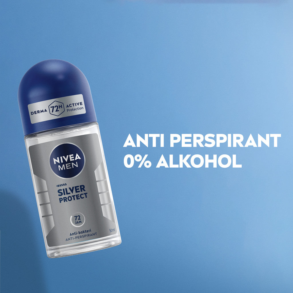 NIVEA MEN Deodorant Roll On Silver Protect 50ml - Deodoran pria anti bakteri antiperspirant anti noda baju wangi segar ketiak kering tahan lama seharian tahan keringat anti bau - Antiperspiran, tidak mengandung ethyl alkohol