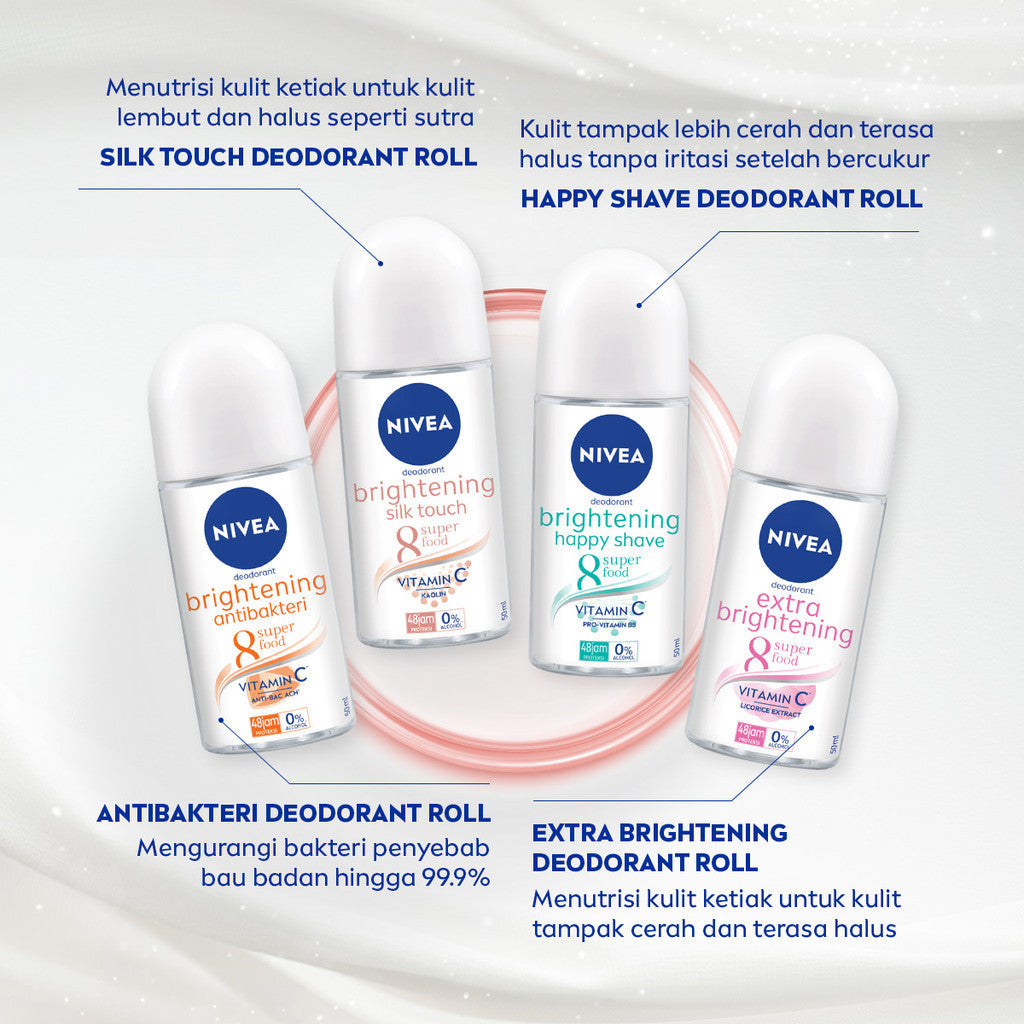 (PAKET HEMAT ISI 4) NIVEA Deodorant Roll On Brightening Silk Touch 25ml - Deodoran wanita mencerahkan brightening menutrisi kulit ketiak halus lembut dan cerah dengan wangi segar seharian - Vitamin C, Kaolin, 0% alkohol cocok untuk semua jenis kulit
