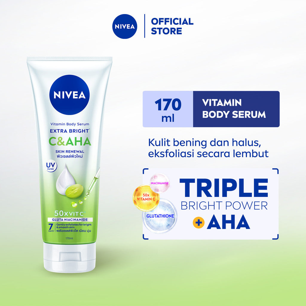NIVEA Body Serum Extra Bright C&AHA UV Filter 170ml - Hand body serum lotion moisturizer eksfoliasi halus gentle exfoliating mencerahkan kulit bening brightening melembabkan kering harian tidak lengket - Vitamin C, Niacinamide, Glutathione, AHA