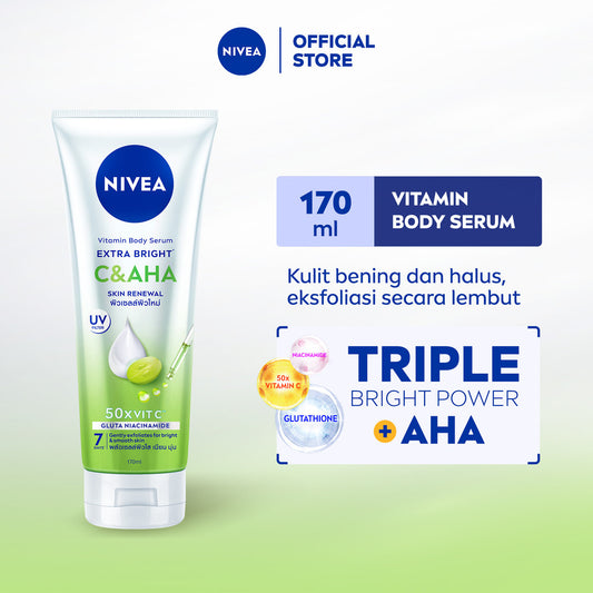 NIVEA Body Serum Extra Bright C&AHA UV Filter 170ml - Hand body serum lotion moisturizer eksfoliasi halus gentle exfoliating mencerahkan kulit bening brightening melembabkan kering harian tidak lengket - Vitamin C, Niacinamide, Glutathione, AHA