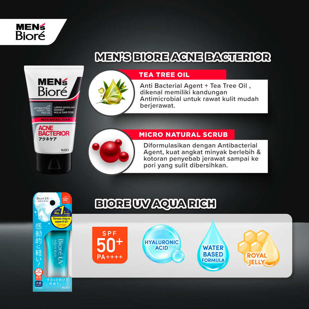 [Double Protection Kit] Men's Biore Double Scrub Sabun Muka Pria Acne Bacterior 100 gr+ UV Aqua Rich Sunscreen Watery Essence 15 gr
