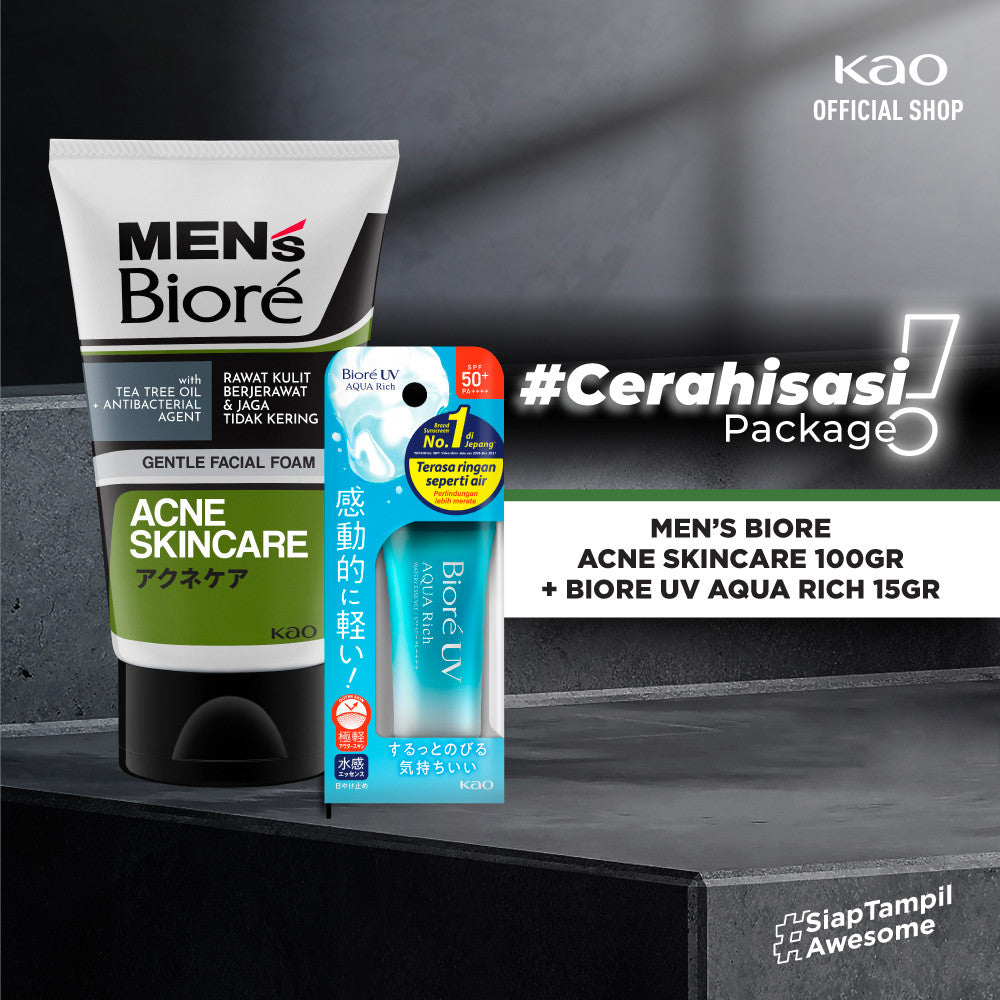 [Double Protection Kit] Men's Biore Non Scrub Sabun Muka Pria Acne Skincare 100 gr + UV Aqua Rich Sunscreen Watery Essence 15 gr