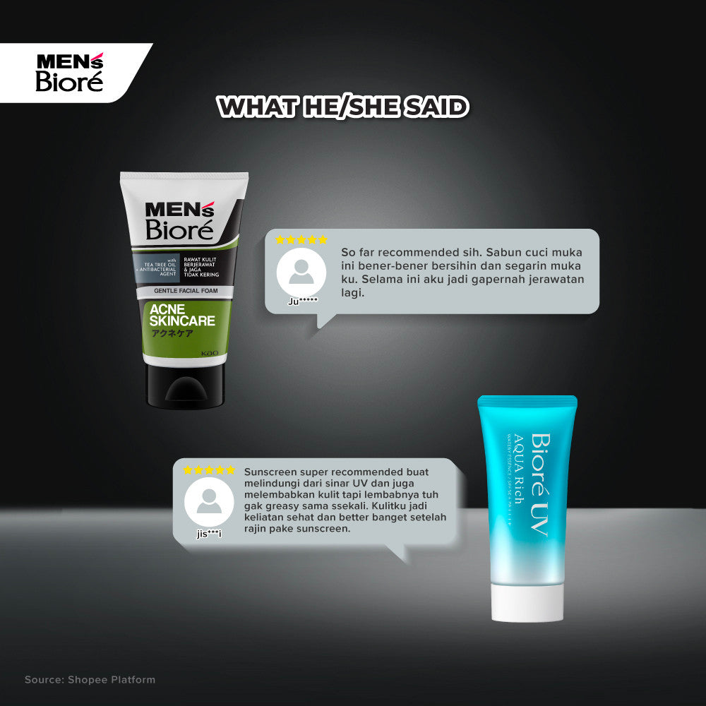 [Double Protection Kit] Men's Biore Non Scrub Sabun Muka Pria Acne Skincare 100 gr + UV Aqua Rich Sunscreen Watery Essence 15 gr