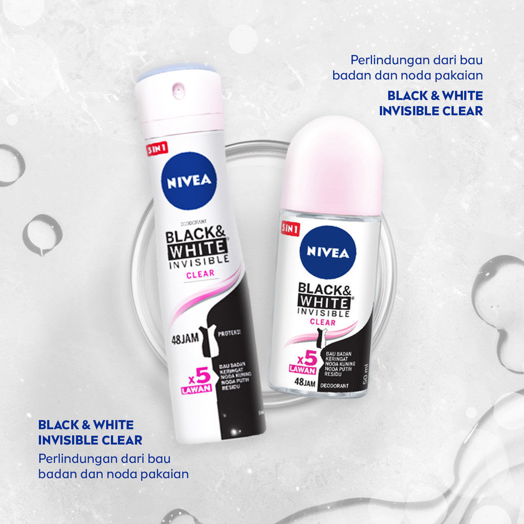 (PAKET HEMAT ISI 3) NIVEA Deodorant Roll On Black & White Invisible Original 50ml - Deodoran wanita melawan bau badan tahan keringat anti noda residu dengan wangi tahan lama seharian - Antiperspiran, tidak mengandung ethyl alkohol cocok semua jenis kulit