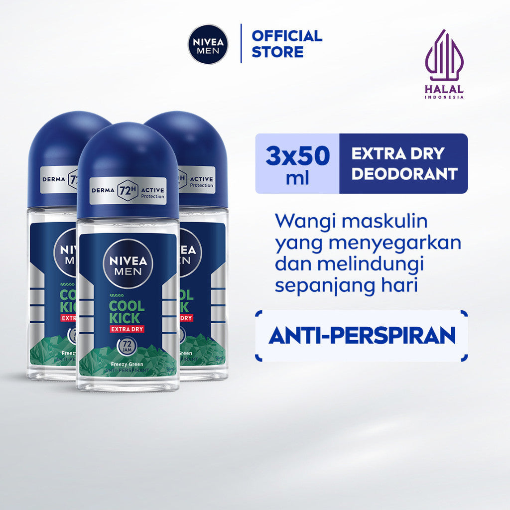 (PAKET HEMAT ISI 3) NIVEA MEN Deodorant Roll On Cool Kick Freezy Green 50ml - Deodoran pria perlindungan ekstra kering dari keringat bau badan sensasi dingin menthol wangi maskulin - Antiperspiran, tidak mengandung ethyl alkohol cocok semua jenis kulit