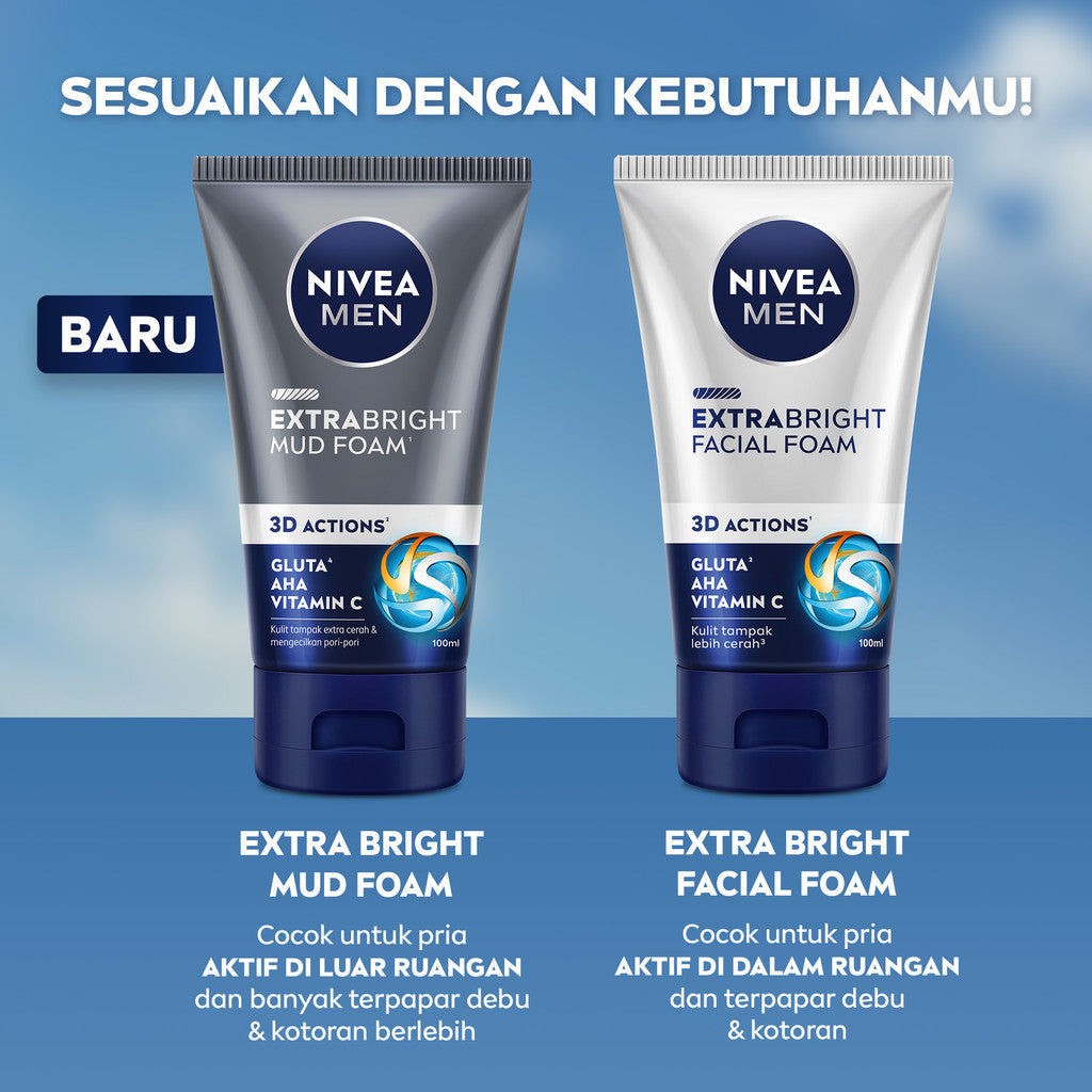 (PAKET HEMAT ISI 3) NIVEA MEN Mud Foam Extra Bright Mud Foam 100ml - Sabun cuci muka pria mencerahkan bintik hitam brightening kulit kusam facial wash wajah cerah membersihkan pori pori terdalam polusi debu kotoran - Glutathione, AHA, Vitamin C