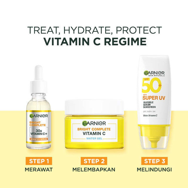 Paket Skincare Garnier Bright Complete Dark Spot & Protection Set (Micellar Vitamin C 125ml, Gel Moisturizer 50ml, UV Invisibile Serum Sunscreen 30ml) - Untuk mencerahkan kulit kusam, mengurangi flek hitam dan melindungi kulit dari munculnya sunspots