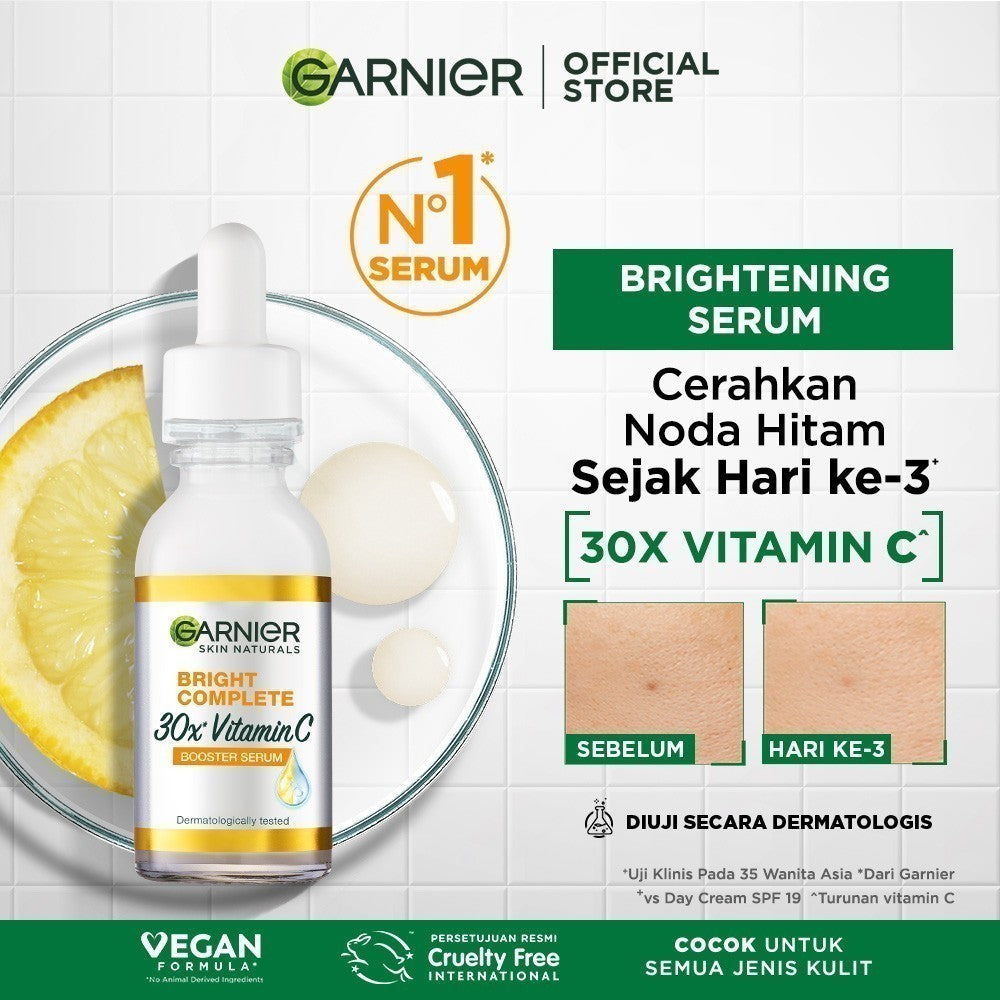 Paket Garnier Bright Complete Vitamin C Serum & Sunscreen Kit - Bright Complete Serum 30 ml + Super UV Invisible Serum Sunscreen SPF 50+ PA++++ 30ml