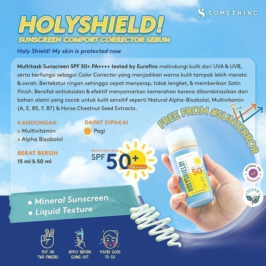 [In Vivo & In Vitro Certified] SOMETHINC Holyshield! Sunscreen Comfort Corrector Serum SPF 50+ PA++++  - Sunscreen Kulit Jerawat, Tone Up Sunscreen, Mineral Sunscreen