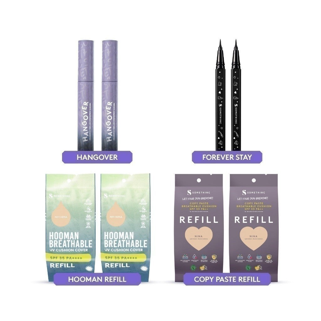 SOMETHINC [BELI 2 PCS LEBIH HEMAT]  Makeup Best Seller Product Twin Pack Kit - Hangover Mascara - Forever Stay Eyeliner - Refill Cushion - Multitask Water Gloss | Waterproof Mascara, Tahan Lama, Dengan Efek Lashlift Instan yangTahan 24 Jam