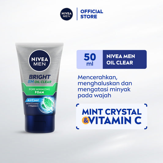 NIVEA MEN Facial Foam Bright Oil Clear Pore Minimizing Foam  50ml - Sabun cuci muka pria mencerahkan minyak berlebih berminyak kulit kusam facial wash pembersih wajah cerah mengecilkan pori komedo polusi debu kotoran - Vitamin C, Mint Crystal