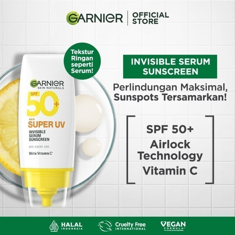 Paket Garnier Bright Complete Vitamin C Serum & Sunscreen Kit - Bright Complete Serum 30 ml + Super UV Invisible Serum Sunscreen SPF 50+ PA++++ 30ml