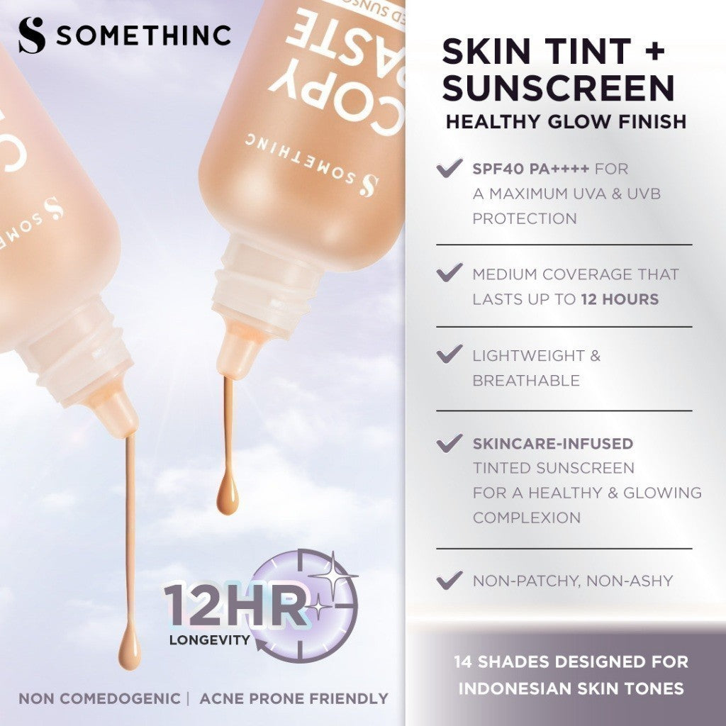 SOMETHINC [2 PCS] Copy Paste Tinted Sunscreen X Skincare (Copy Paste Tinted Sunscreen SPF 40 PA++++ Skin Tint, Calm Down Moisturizer Cream, Omega Butter Deep Cleansing Balm, Low pH Gentle Jelly Cleanser)