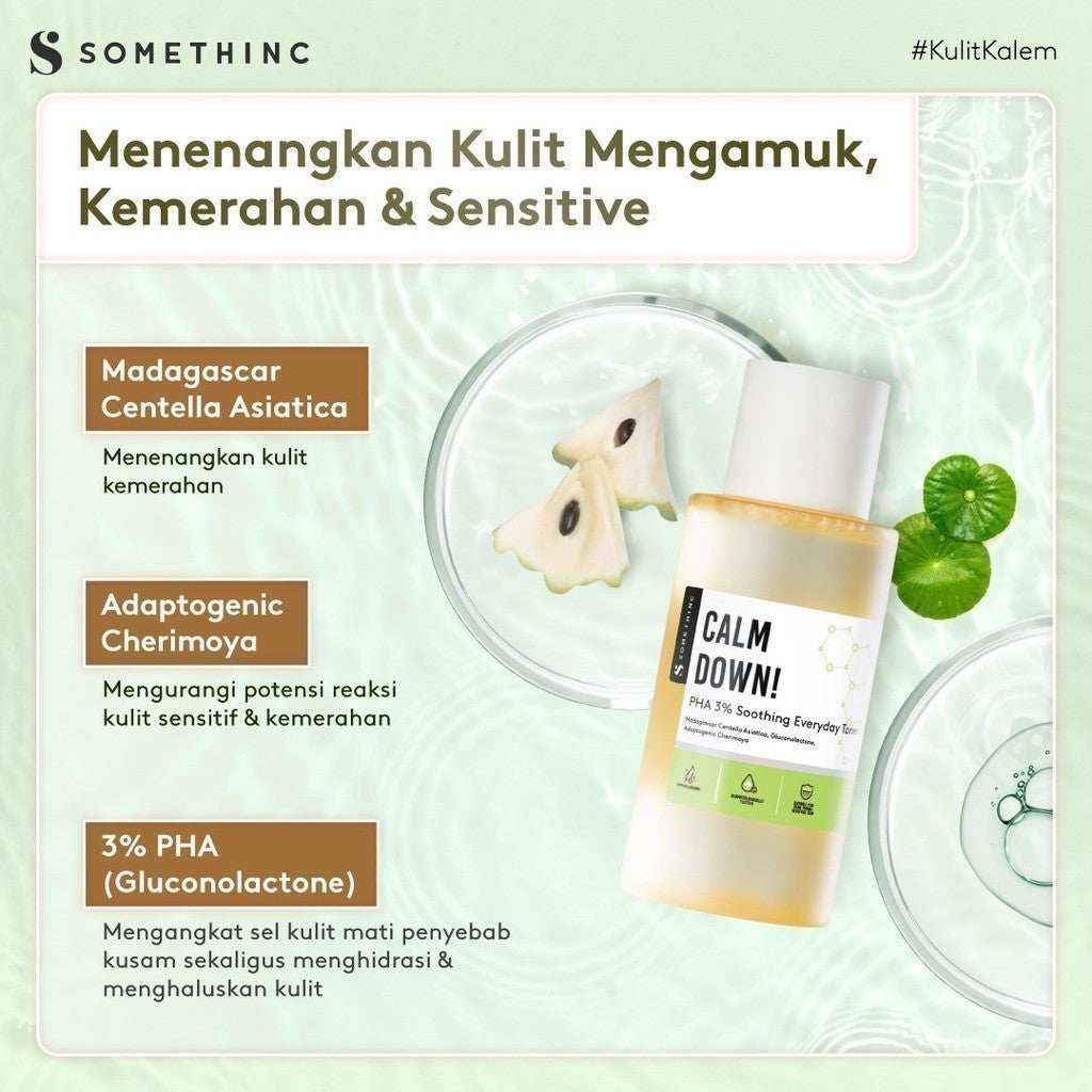 SOMETHINC Calm Down! PHA 3% Soothing Everyday Toner  - Toner untuk Kulit Sensitif, Kemerahan, Kulit Normal. Meredakan Kemerahan & Memperkuat Skin Barrier. Toner Cocok untuk Kulit Sensitif, Menyamarkan Bekas Jerawat PIE