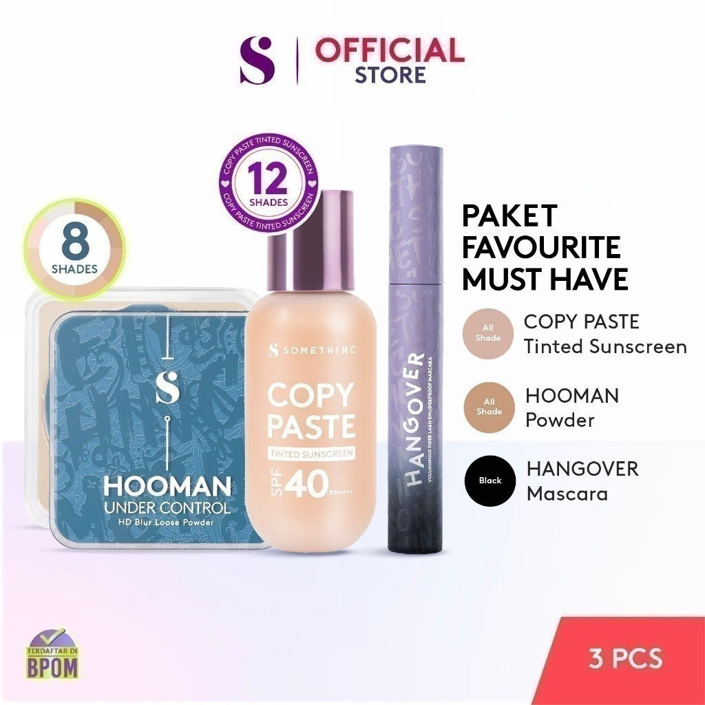 SOMETHINC [3 PCS] Favourite Must Have Makeup (Copy Paste Tinted Sunscreen SPF 40 PA++++ Skin Tint,  Hooman Under Control HD Blur Loose Powder, HANGOVER Voluminous Fiber Lash Smudgeproof Mascara)