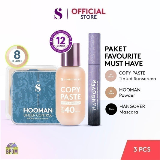 SOMETHINC [3 PCS] Favourite Must Have Makeup (Copy Paste Tinted Sunscreen SPF 40 PA++++ Skin Tint,  Hooman Under Control HD Blur Loose Powder, HANGOVER Voluminous Fiber Lash Smudgeproof Mascara)