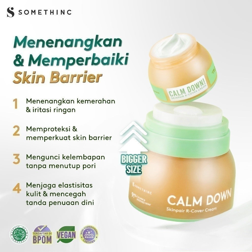 [BUNDLE HEMAT] SOMETHINC [2 PCS] Calm Down Moisturizer Refill x Serum (Calm Down! Skinpair R-Cover Cream Moisturizer, Diamond Serum, 10% Lactic + Glycolic Peeling Serum, Diamond Serum) Pelembap Muka untuk Kulit Sensitif, Kemerahan - free jade roller