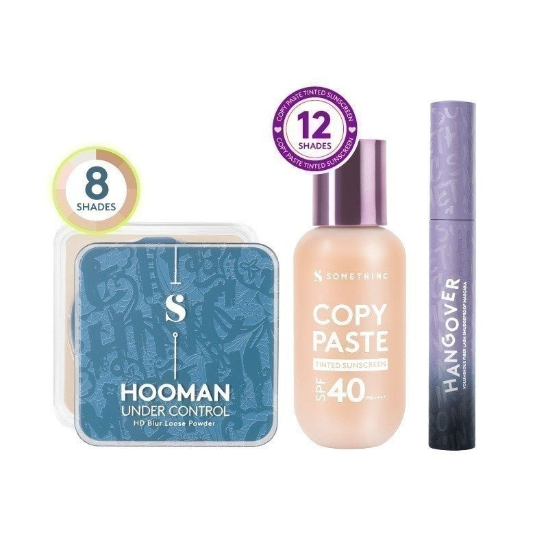 SOMETHINC [3 PCS] Favourite Must Have Makeup (Copy Paste Tinted Sunscreen SPF 40 PA++++ Skin Tint,  Hooman Under Control HD Blur Loose Powder, HANGOVER Voluminous Fiber Lash Smudgeproof Mascara)