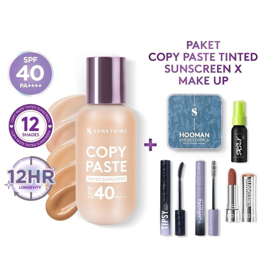 SOMETHINC [2 PCS] Paket Copy Paste Tinted Sunscreen x Makeup (Copy Paste Tinted Sunscreen SPF 40 PA++++ Skin Tint, Checkmatte Transferproof Lipstick, Hangover Smudgeproof Mascara, SRSLY Setting Spray, Hooman Under Control Loose Powder)